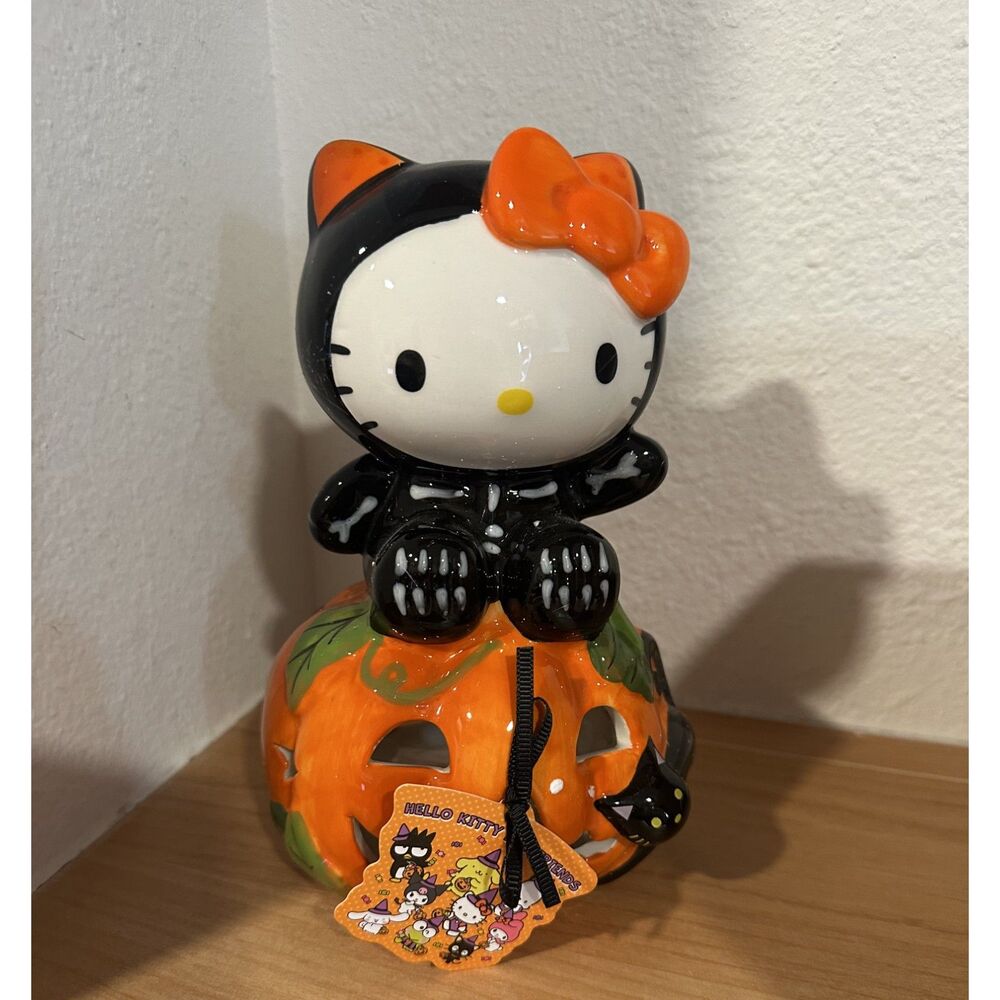 Blue Sky Clayworks Hello Kitty Skeleton Halloween Tea Light Pumpkin